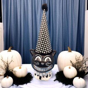 Black Cat Cheshire Smile Halloween Paper Mache Style Decoration With Polka Dots